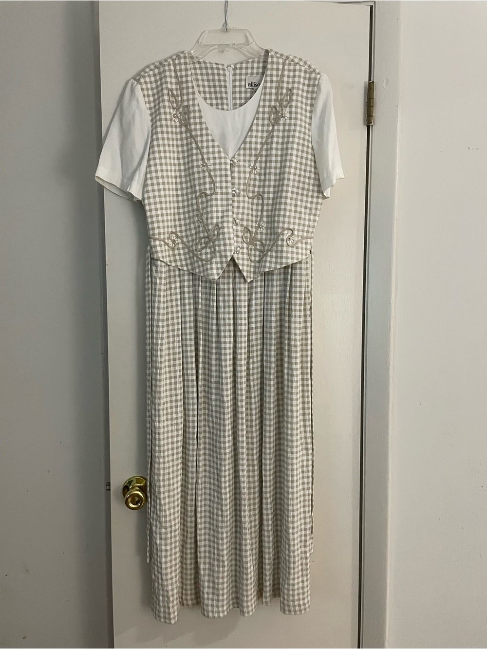 Allison Che vintage cottagecore white + cream gingham maxi dress with vest